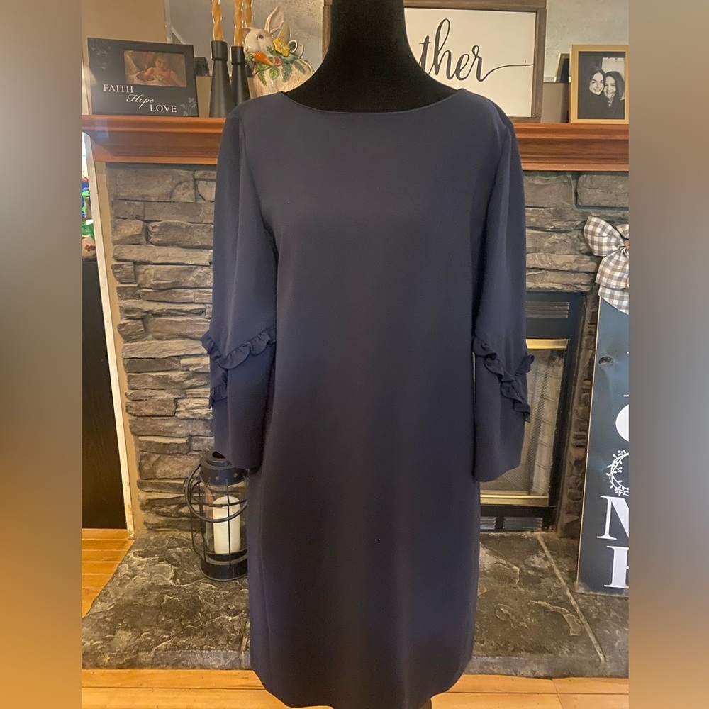 Lafayette 148 New York Navy Ruffle-Accent Long Sleeve Shift Dress - Picture 2 of 9